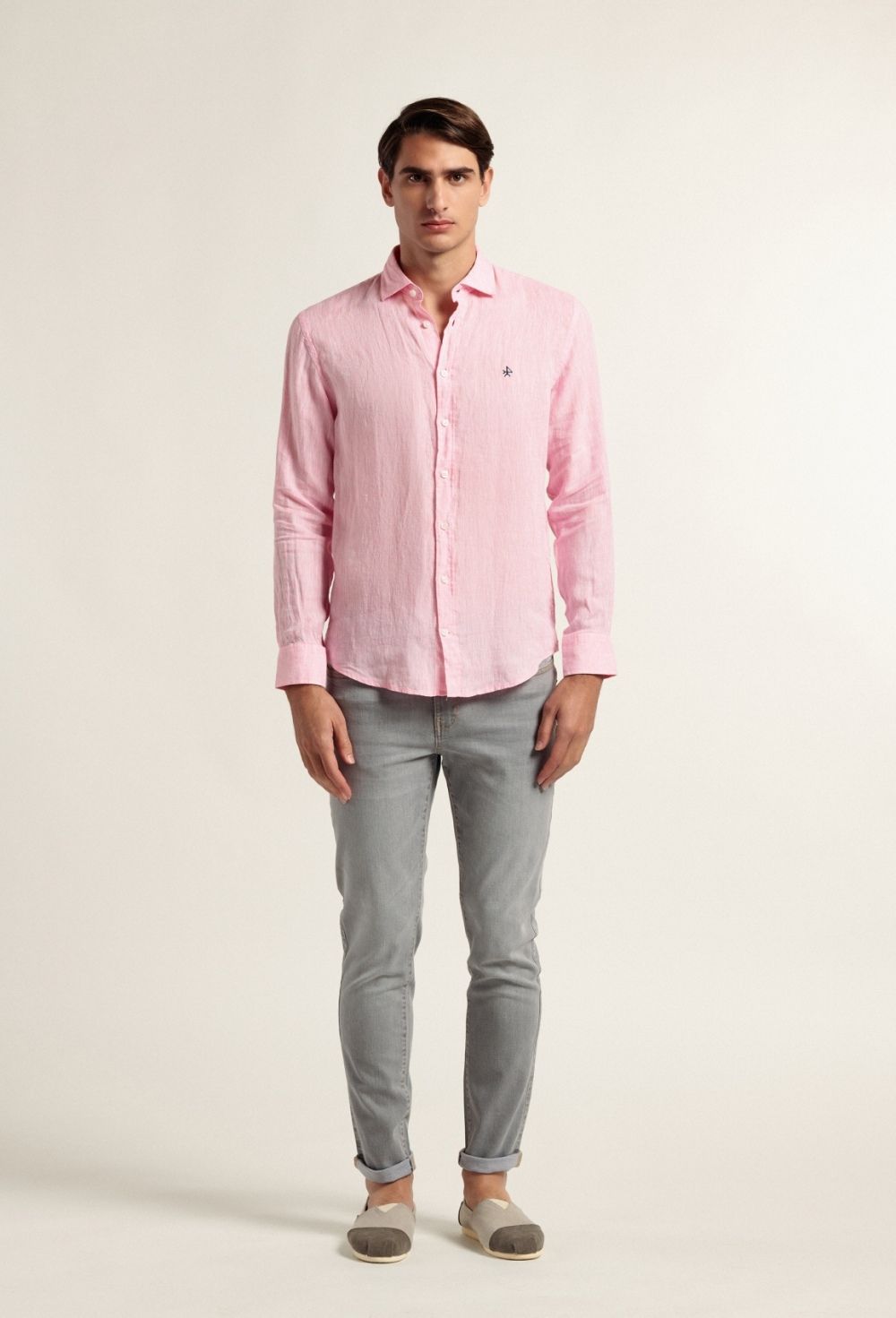 camisas - Camisa hombre de lino rosa