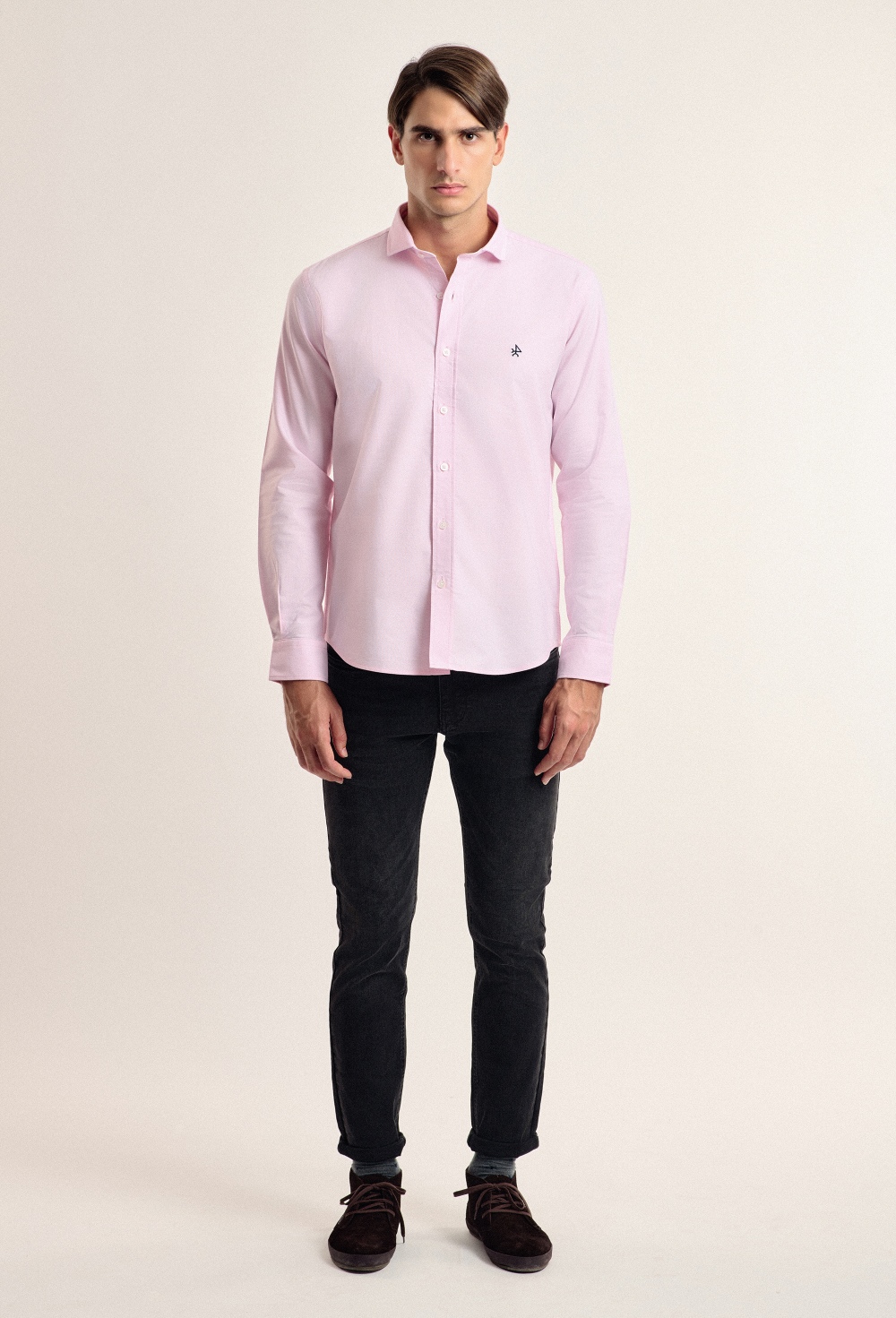 camisas - Camisa rosa clásica con cuello italiano