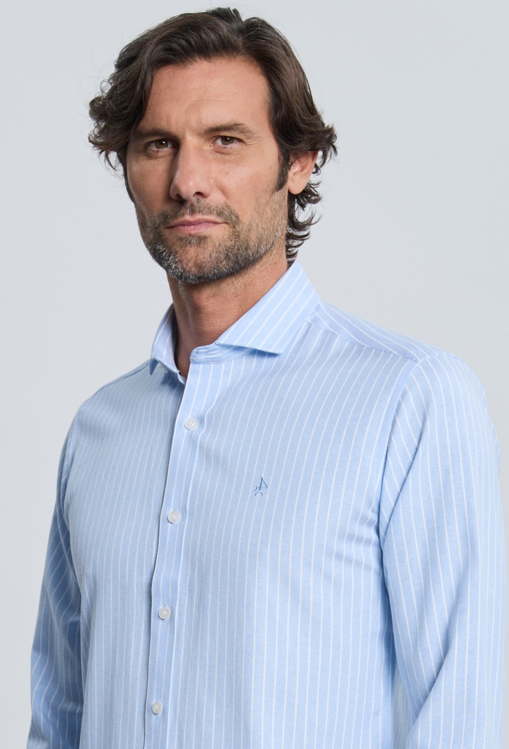 Camisa Oxford rayas celeste cuello italiano - 59.95