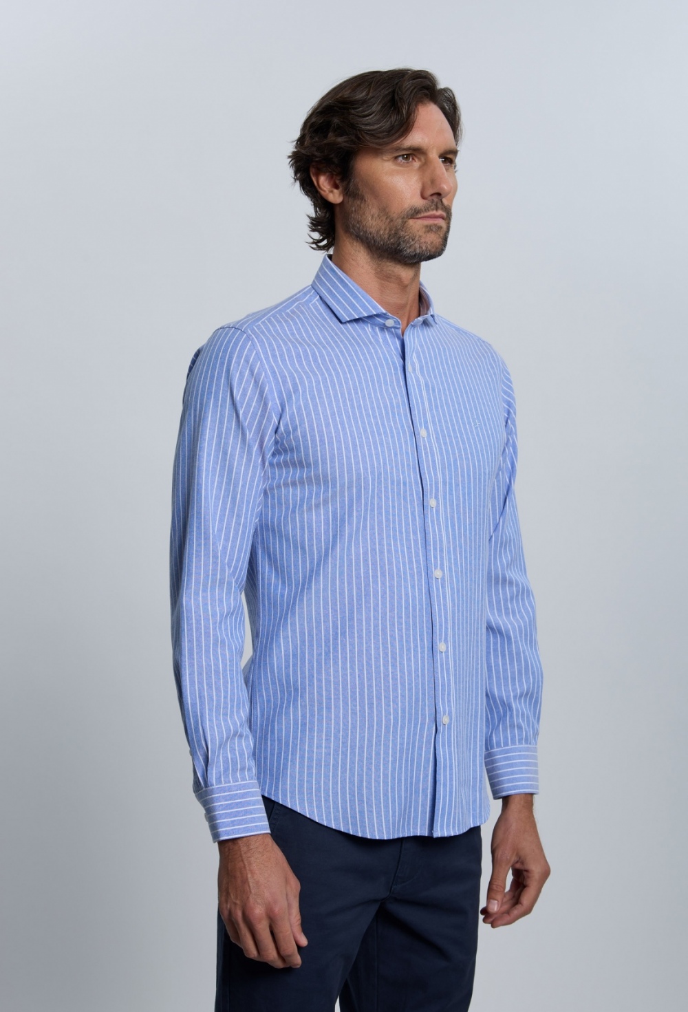 Camisa Oxford rayas azul marino cuello italiano - Valecuatro