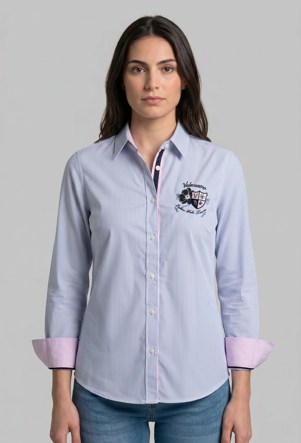 camisas - Camisa bordada Ladies Polo Team celeste a rayas P26M-6601-CEL